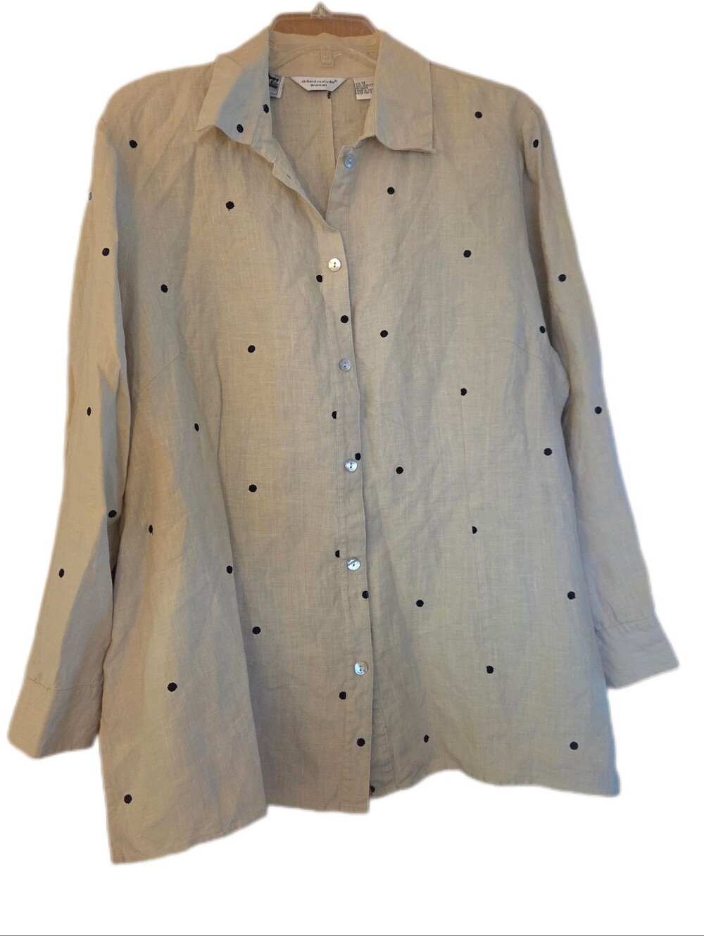 Richard Malcolm 100% Irish Linen Tunic TanEmbrodiered Polka Dot Plus Size 1X